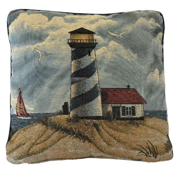 Lighthouse Nautical Tapestry Decor/Throw Pillow Sailboat Blue 16”x16” Sea Ocean - Picture 1 of 4